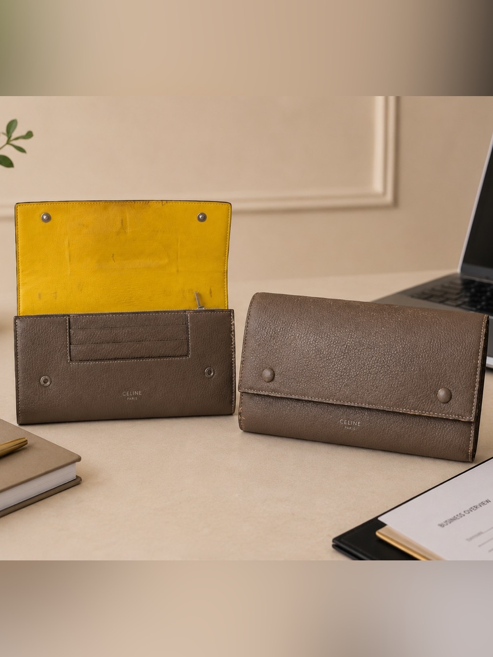 Celine Leather Wallet – Taupe with Yellow Interior